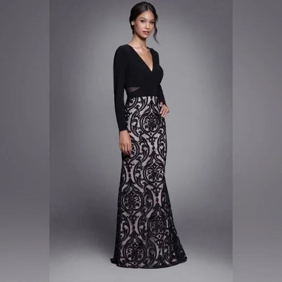 XSCAPE Embroidered Damask Double V Gown Formal Dress Long Sleeve Fit and Flare - Picture 1 of 7